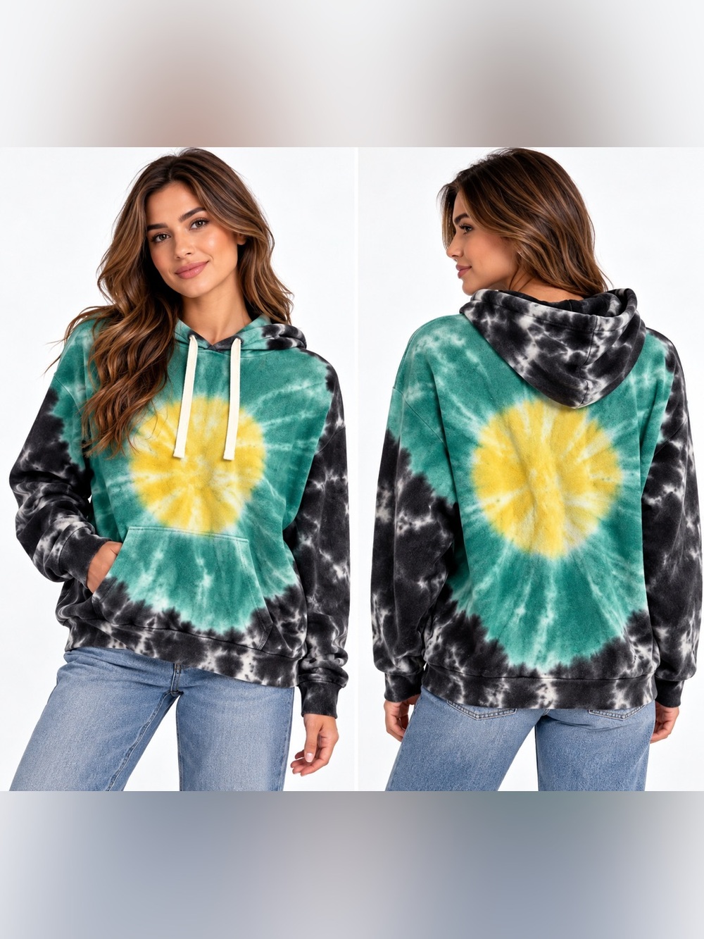 Monrow Sunburst Tie Dye Pullover Hoody Green & Black